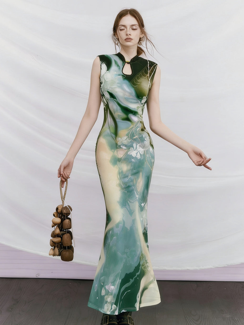 OfAkiva Printed High Waist Stand Collar Sleeveless Slim Mermaid Women Maxi Dresses