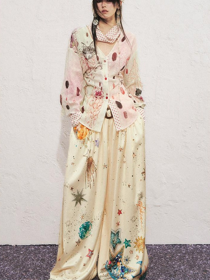 OfAkiva High Waist Starry Galaxy Print Casual Pockets Elastic Waist Women Wide Leg Pants