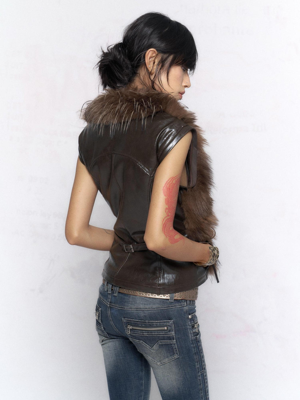 Flowers birds Market Warm Fur Collar Commuter Slim Fit Short Zip Teen Brown Leather Jackets
