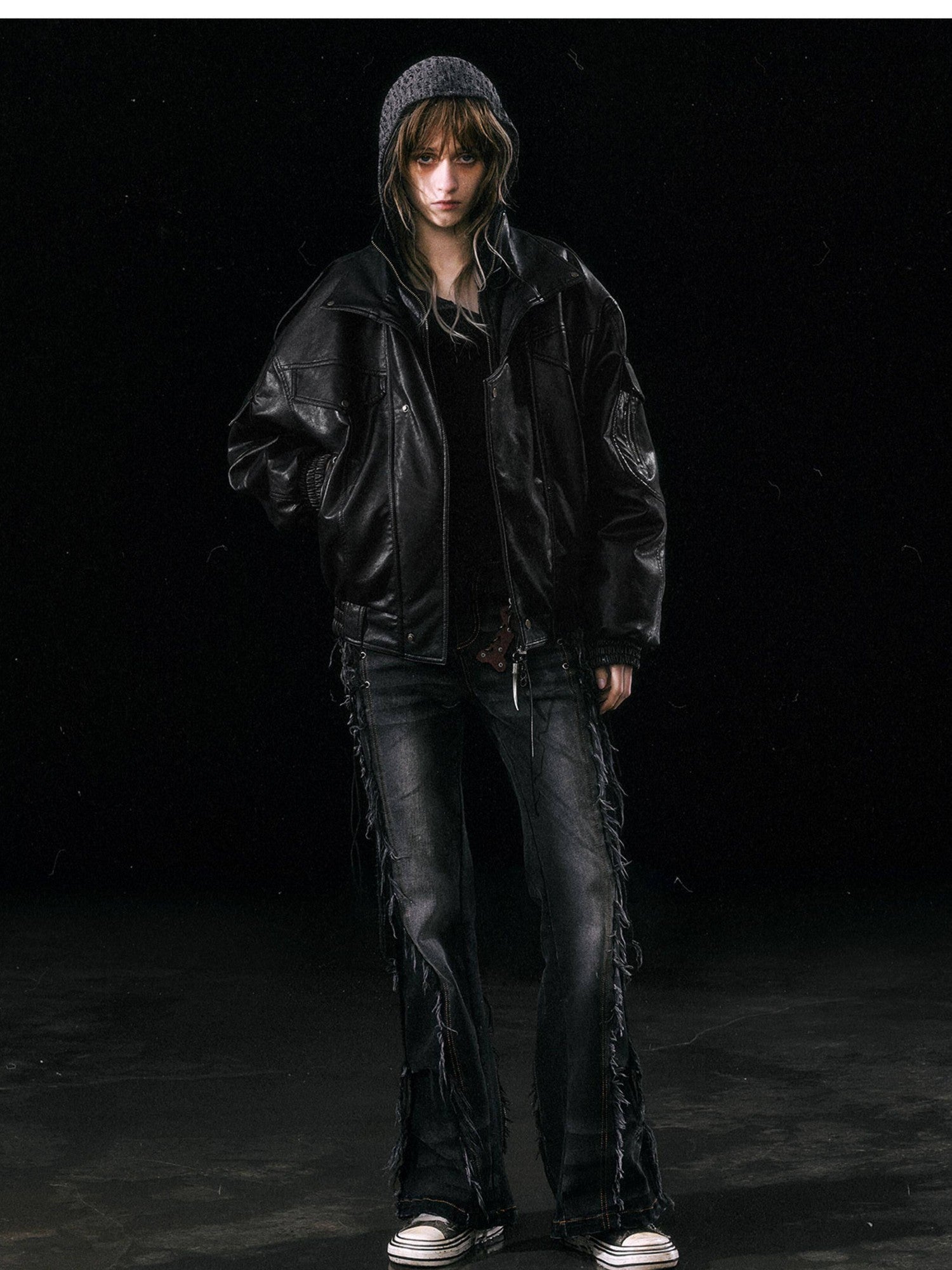 Cest Nous Thick Pu Leather Loose Fit Streetwear Long Sleeve Youth Black Bomberjackets