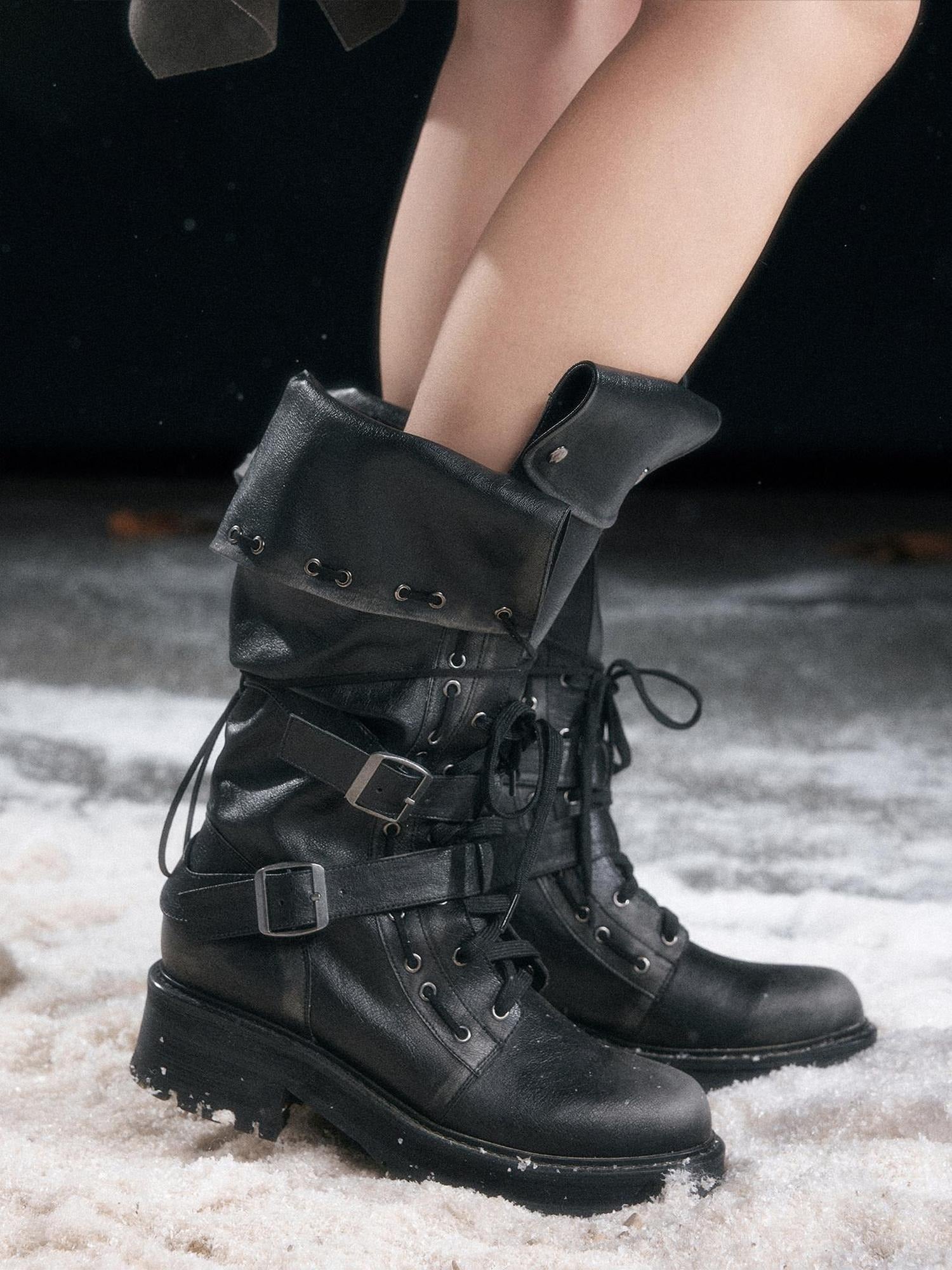 Cest Nous Low Heel Mid Calf Belt Buckle Casual Riding Round Toe Leather Lined Black Boots