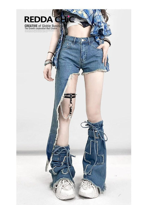 REDDACHIC American Vintage Irregular Zip Fly Low Rise Layered Y2K Women'S Denim Shorts