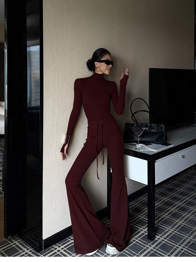 ZERO Slim Fit High Neck Long Sleeve Red Viscose Stretch Casual Women Top & Pants Sets