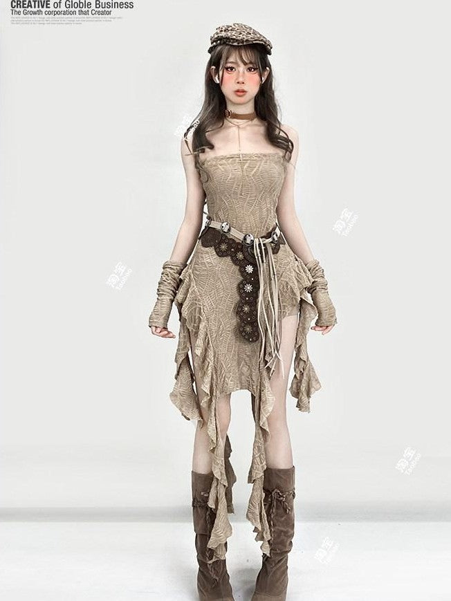 REDDACHIC Khaki Wasteland Fitted Ruffle Tassel Asymmetrical Women'S Strapless Maxi Dresses