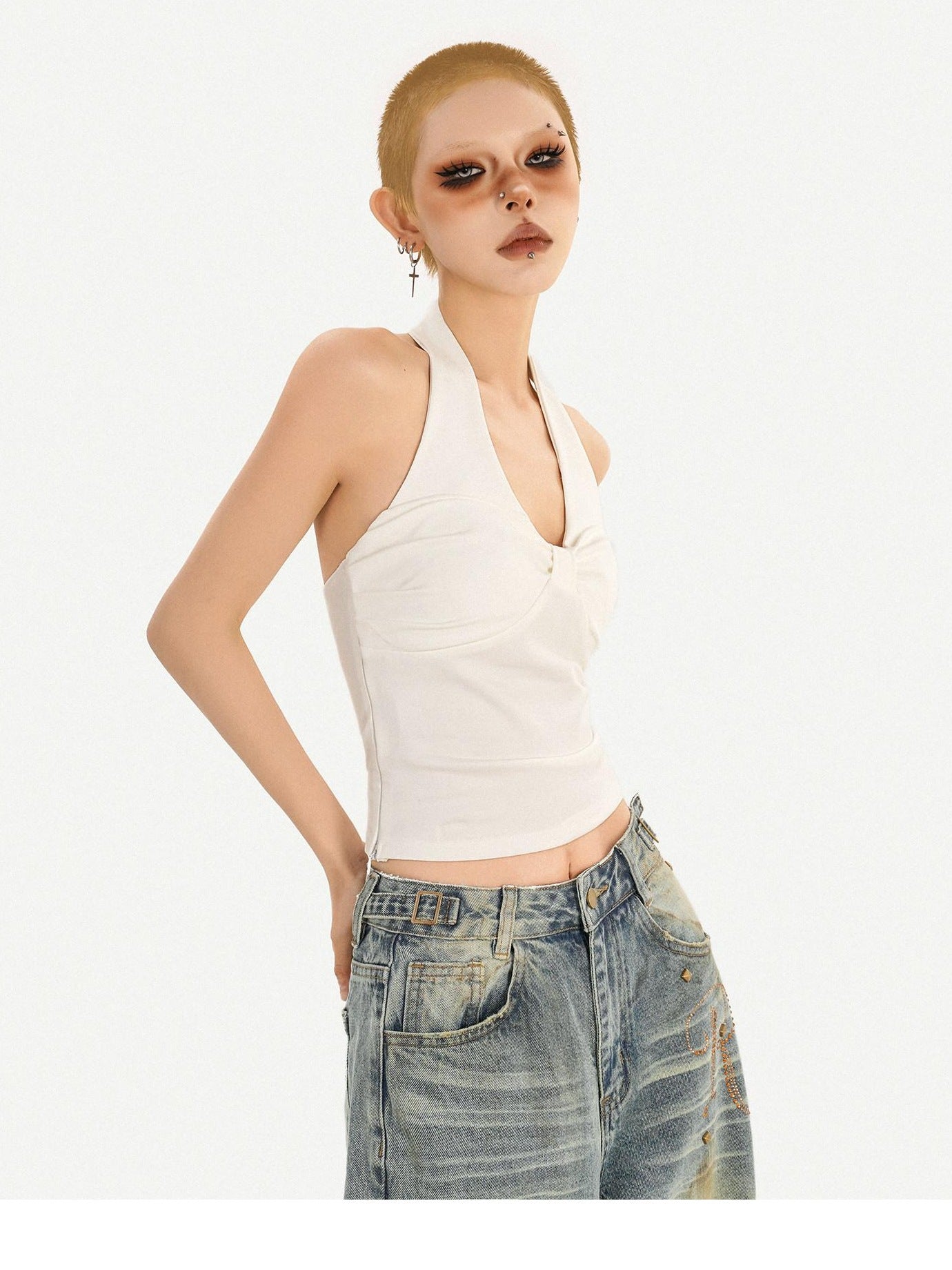 Nico Molly Sexy Slim Fit Halter V-neck Women Pullover Cropped Solid No Padding Camisoles