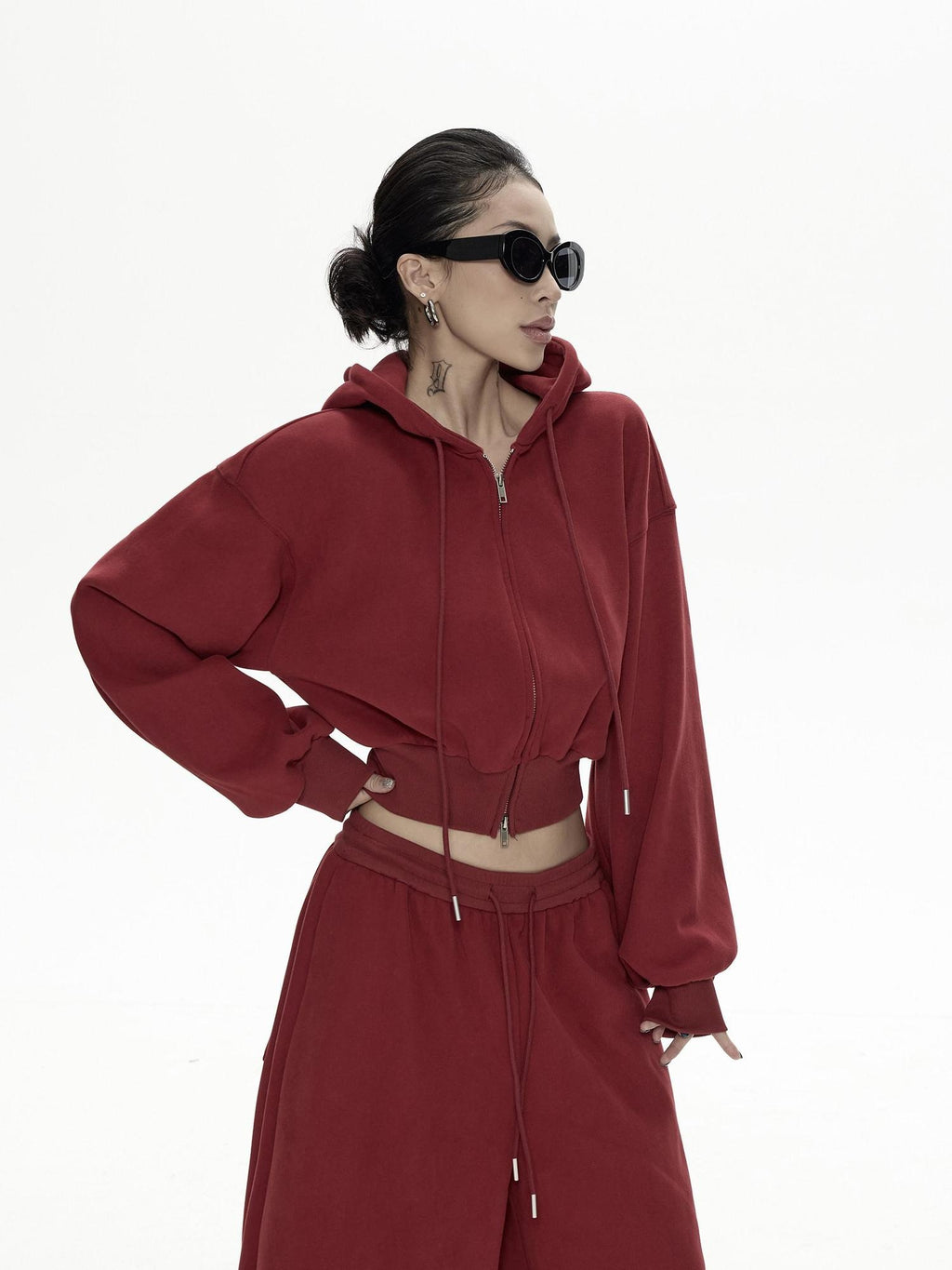 ZERO Thick Cotton Relaxed Fit Long Sleeve Women Casual Red Top & Pants Sets