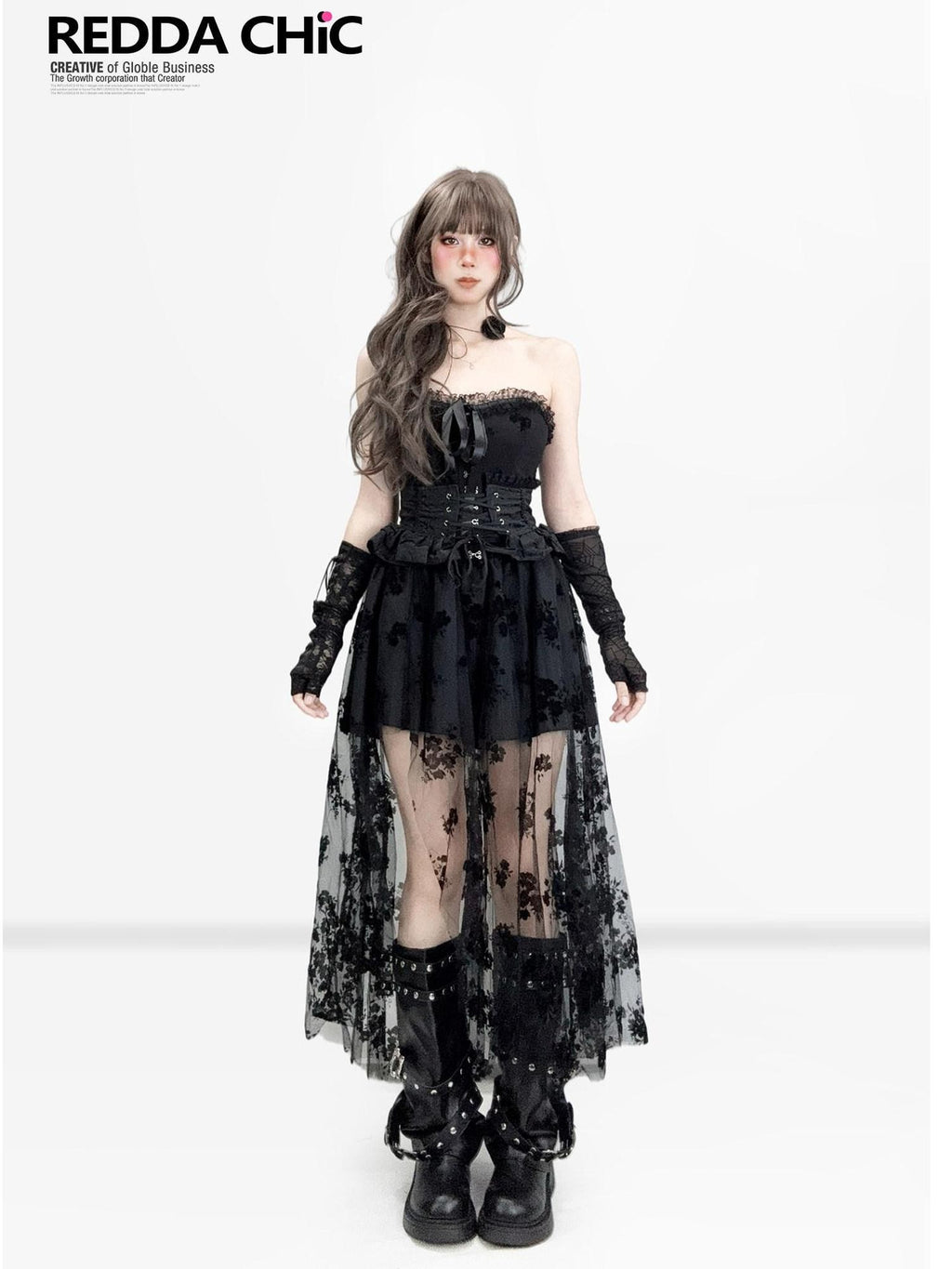REDDACHIC Black Lace Spliced Aline Waist Cinch Women'S Mesh Strapless Midi Dresses