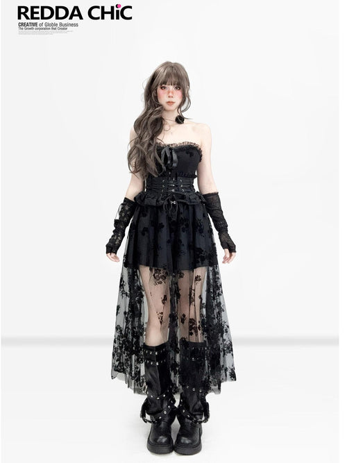 REDDACHIC Black Lace Spliced Aline Waist Cinch Women'S Mesh Strapless Midi Dresses