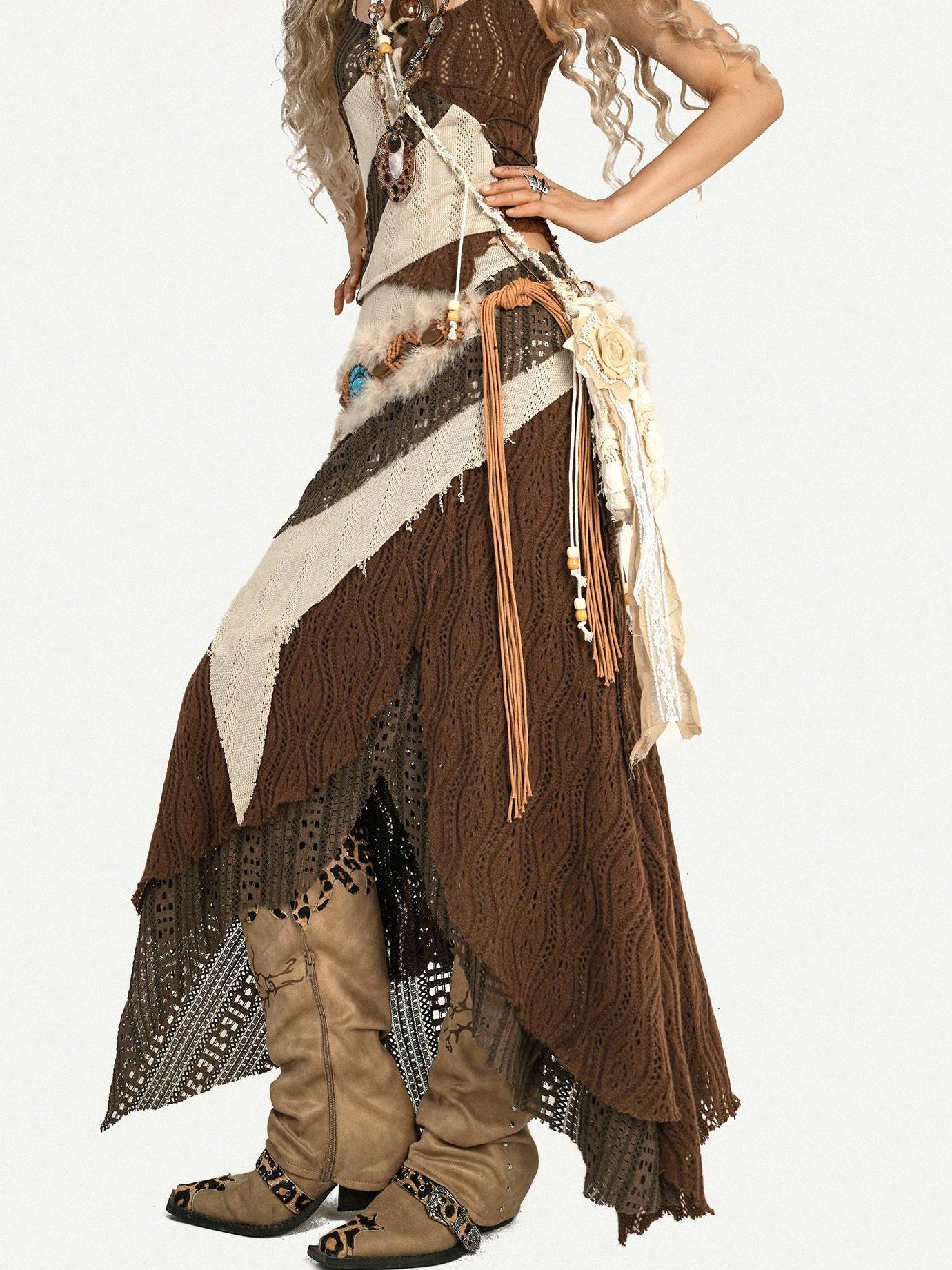 Nico Molly Fringed Knit Slim Fit Vintage Beige High Waist Casual Youth Top & Skirt Sets