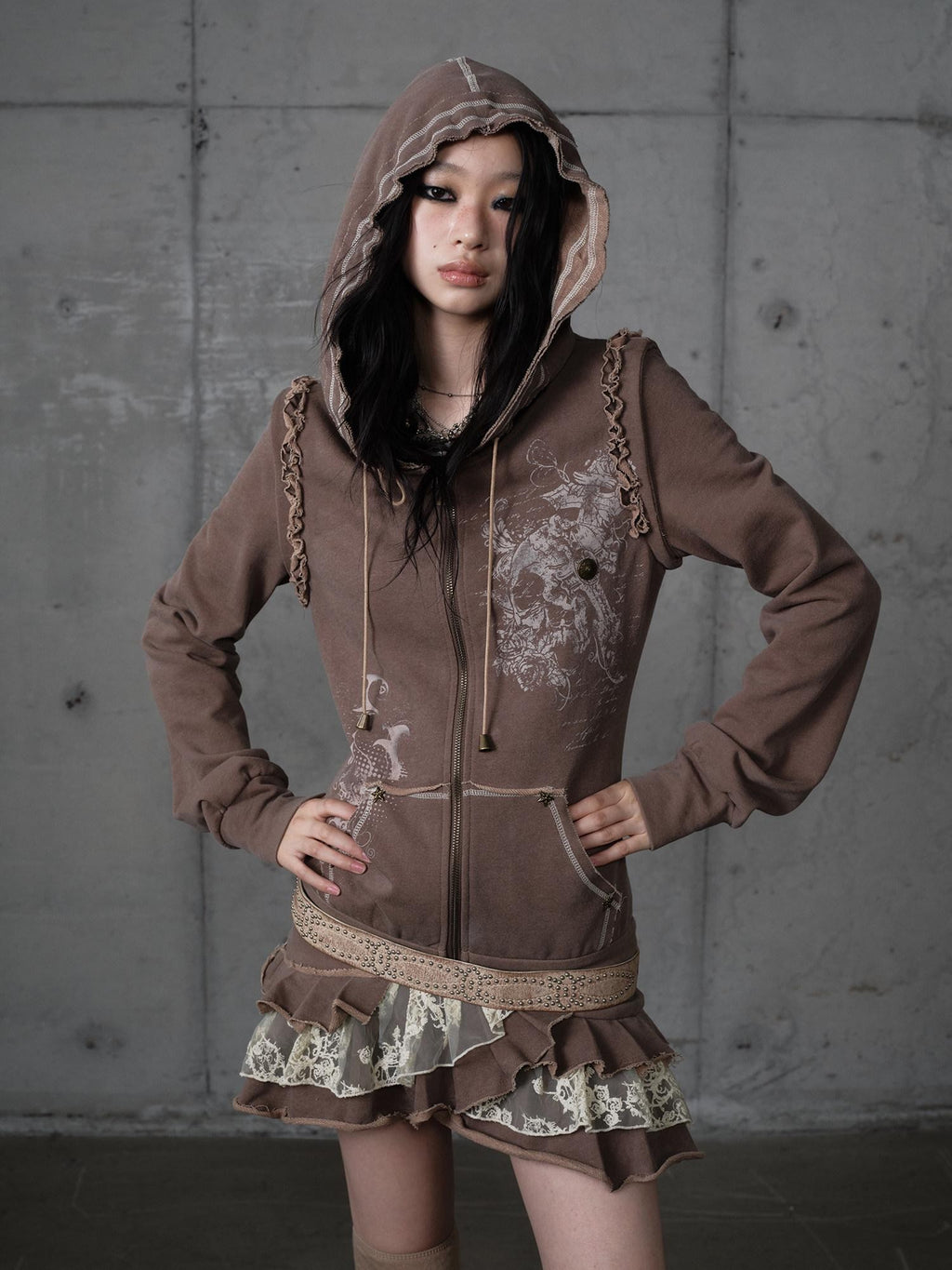 NO ROMANCE Deep Gray Y2K Printed Lace Detachable Hood Sweatshirt Women'S Mini Dresses