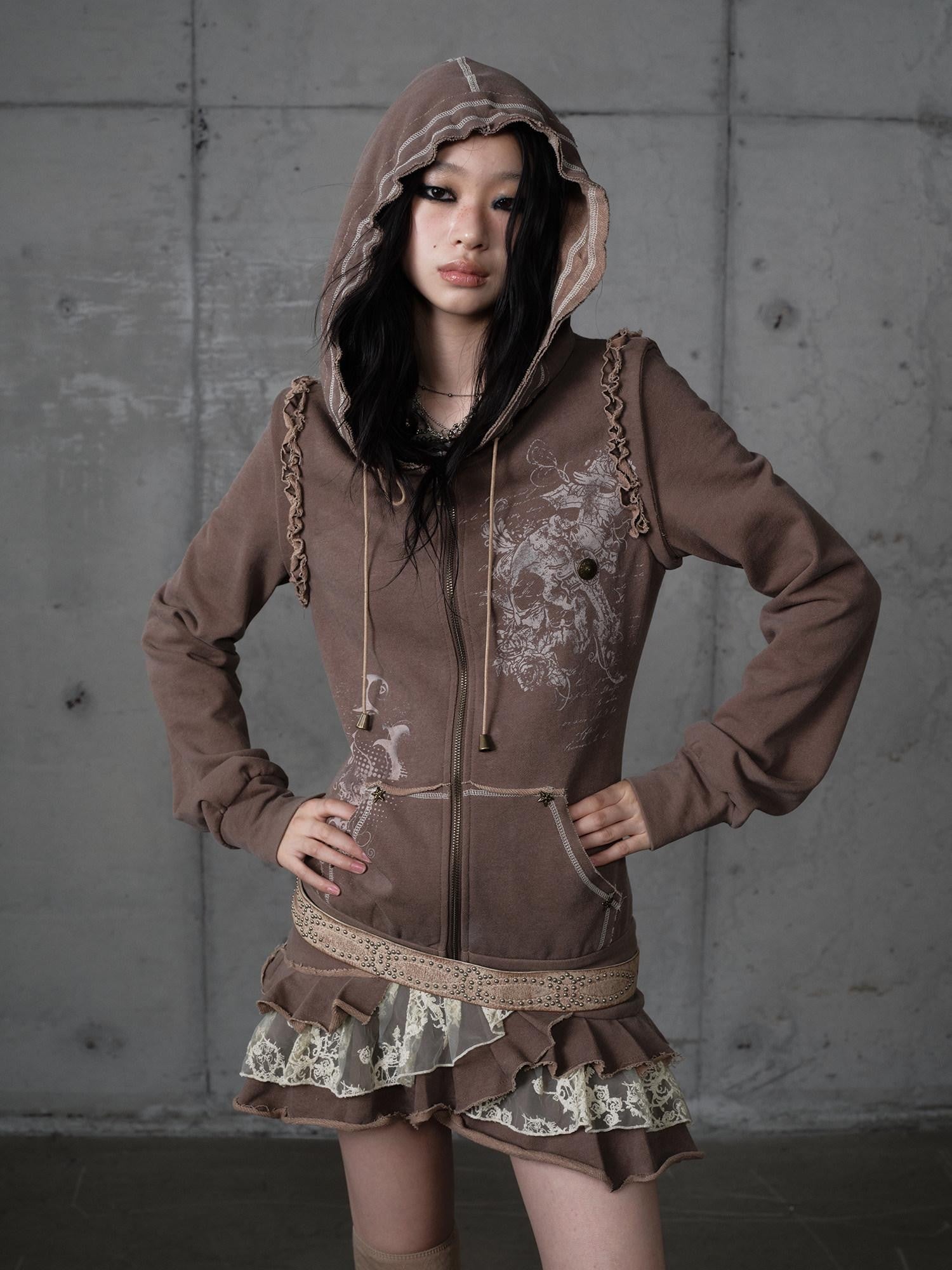 NO ROMANCE Deep Gray Y2K Printed Lace Detachable Hood Sweatshirt Women'S Mini Dresses