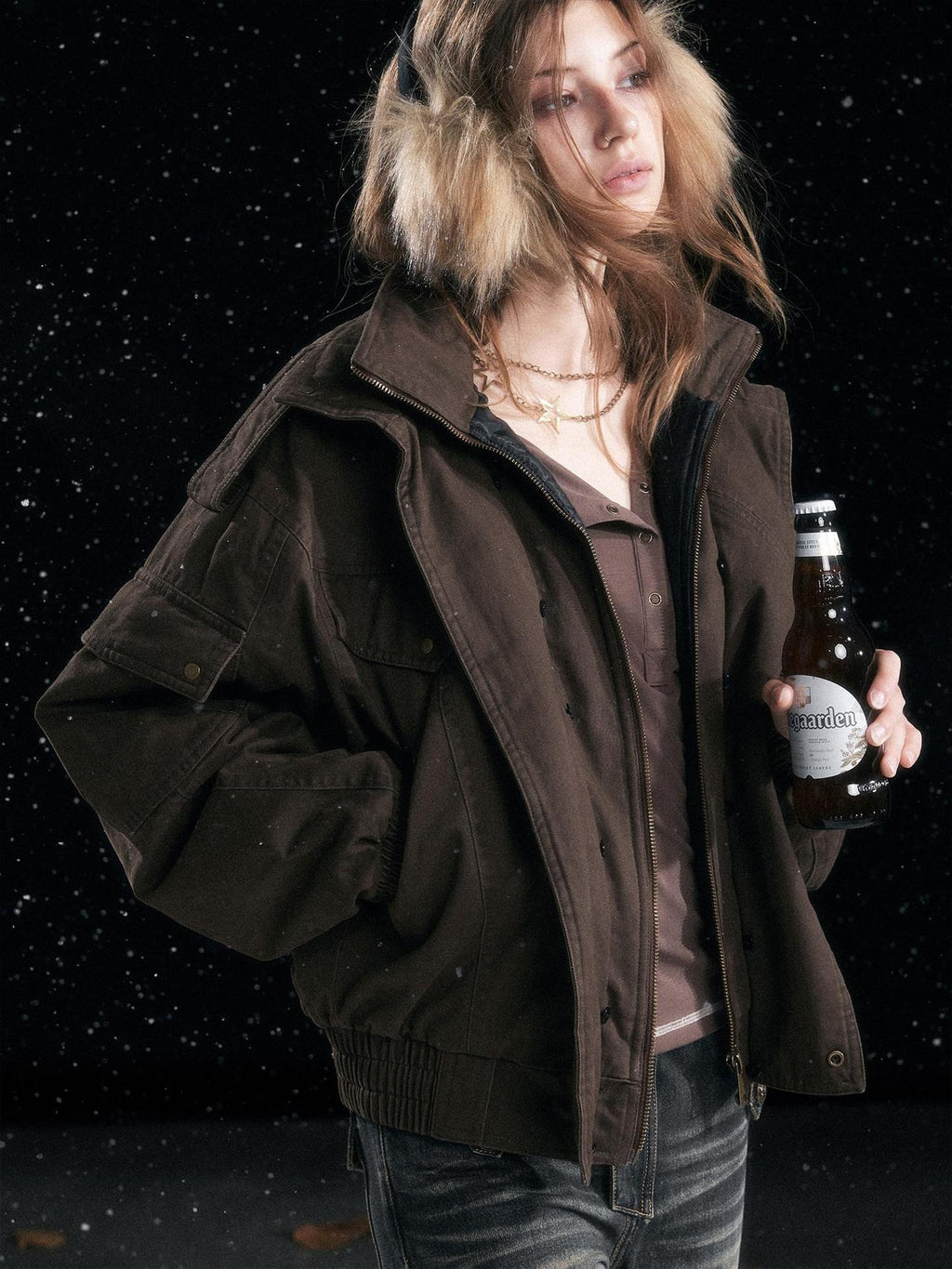 Cest Nous Warm Thick Hooded Zip Commuter Flight Women Brown Croppedjackets