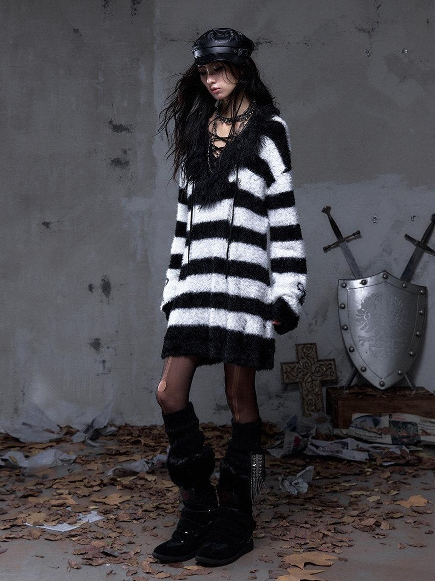 NO ROMANCE Vintage Punk Distressed Striped Women'S Faux Mink Low Neck Loose Long Sweaters