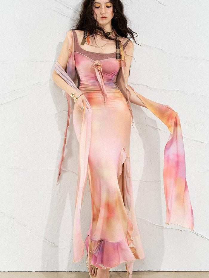 OfAkiva High Waist Irregular Knit Strappy Square Neck Casual Yellow Pink Maxi Dresses