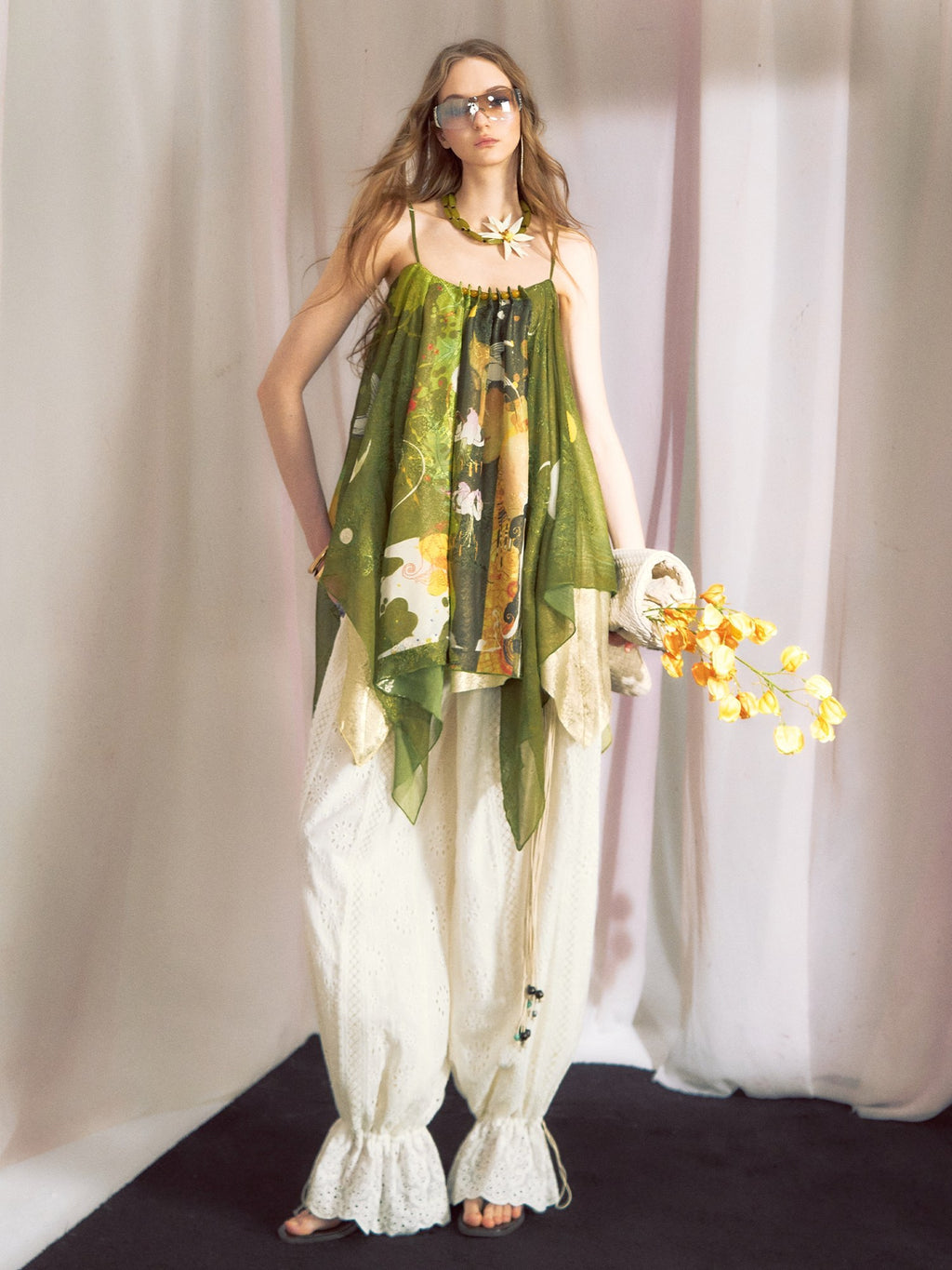 OfAkiva Lightweight Chiffon Printed Loose Fit Square Neck Mid Length Women Camisoles