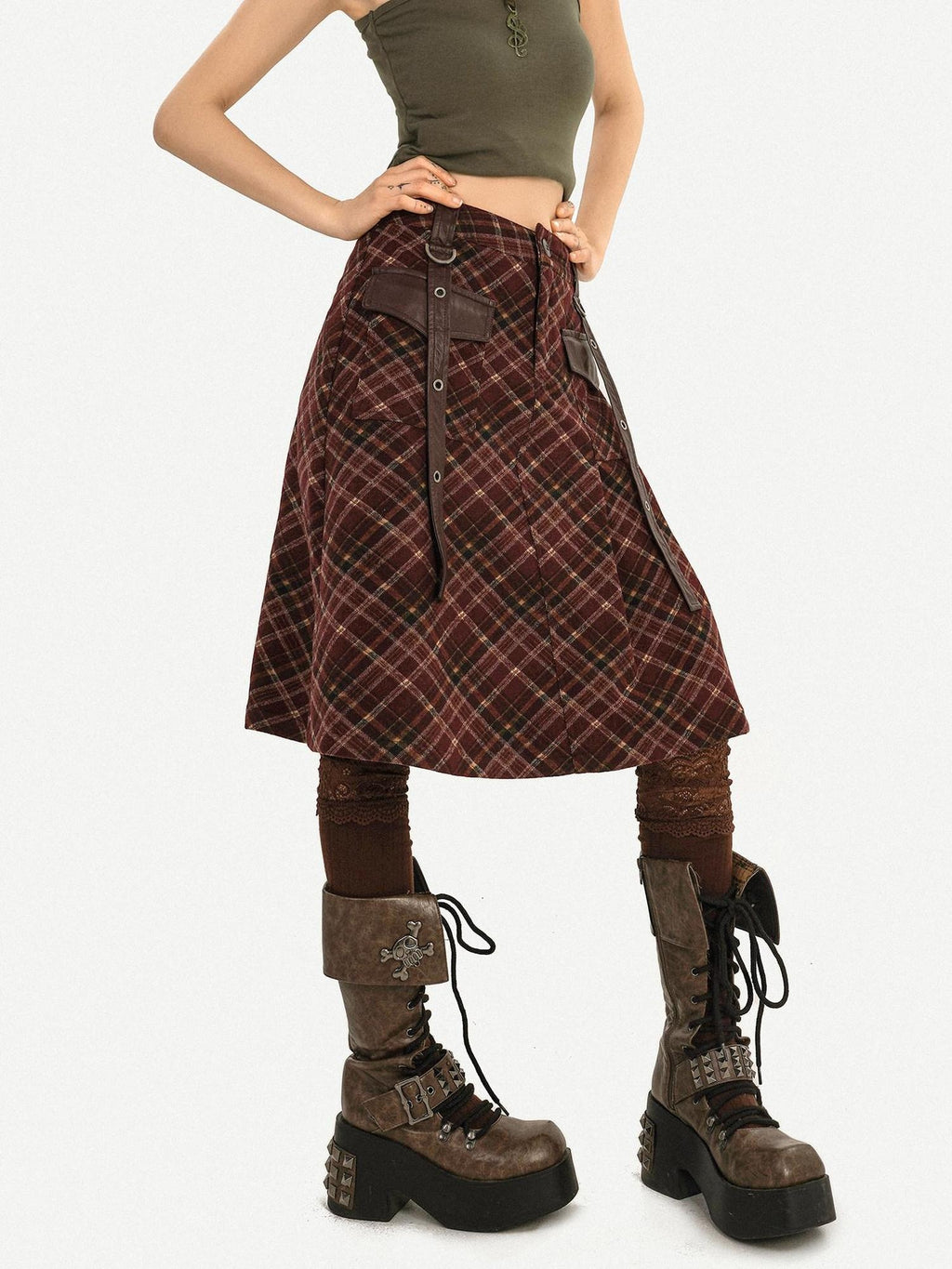 Nico Molly Casual Distressed Plaid A Line Button Pocket Midwaist Tweed Women Midi Skirts