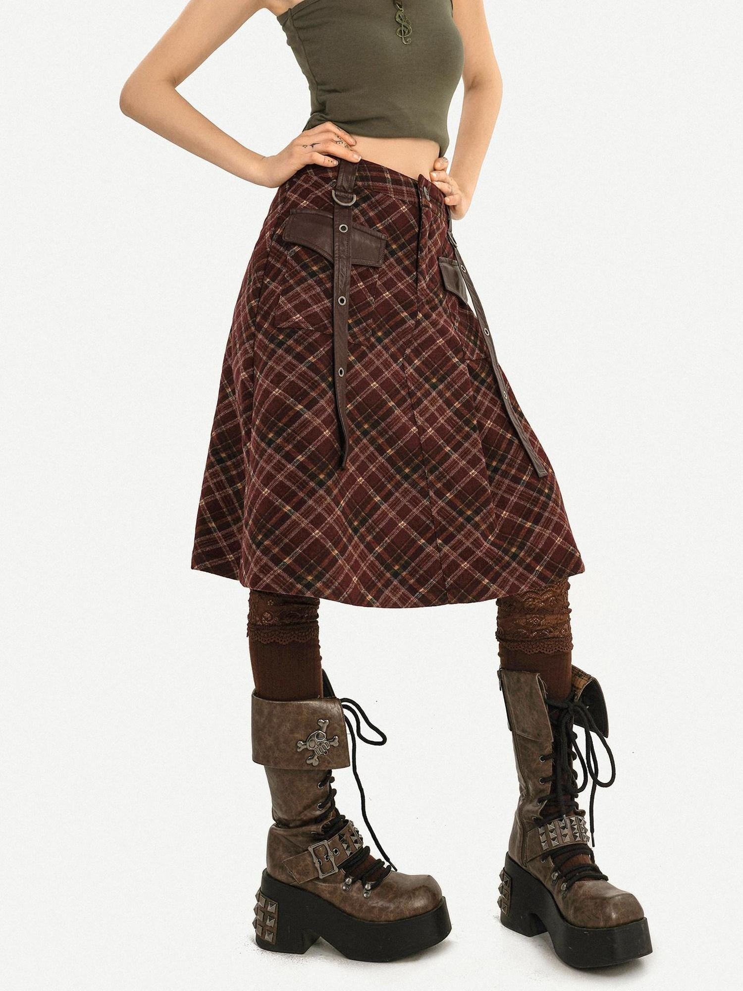Nico Molly Casual Distressed Plaid A Line Button Pocket Midwaist Tweed Women Midi Skirts