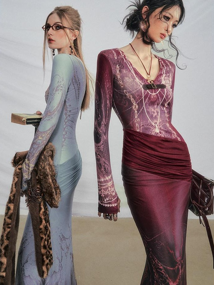 OfAkiva High Stretch High Waist Vintage Floral V-neck Long Sleeve A Line Maxi Dresses