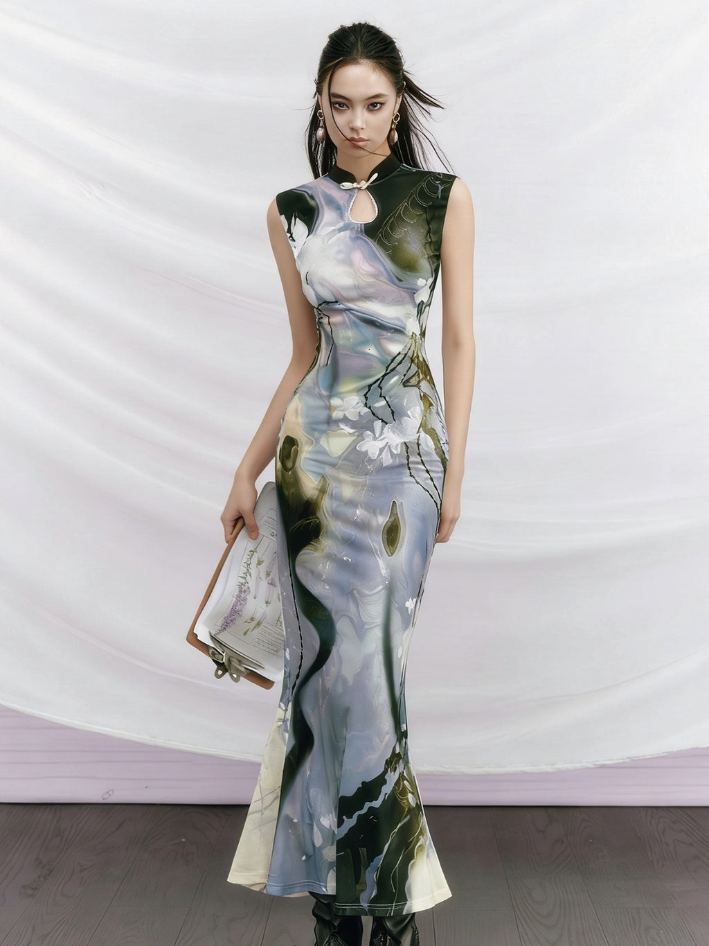 OfAkiva Printed High Waist Stand Collar Sleeveless Slim Mermaid Women Maxi Dresses