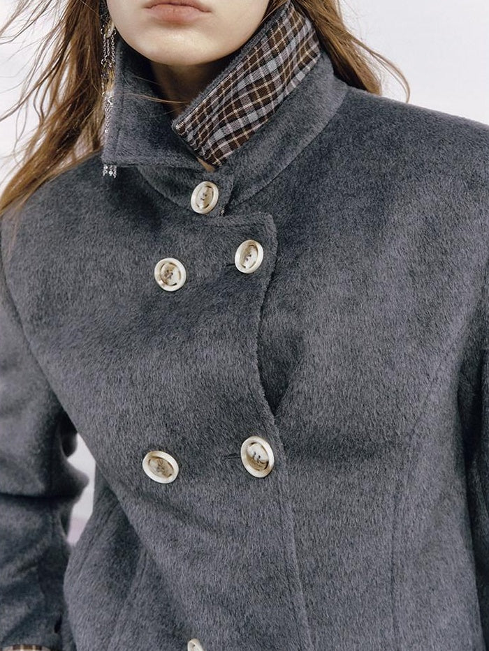 OfAkiva Vintage Slim Fit Plaid Wool Lapel Double Breasted Tailored Women Cropped Jackets