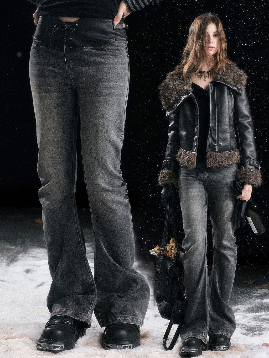 Cest Nous Vintage Patchwork Natural Waist Women Daily Washed Black Cotton No Stretch Jeans