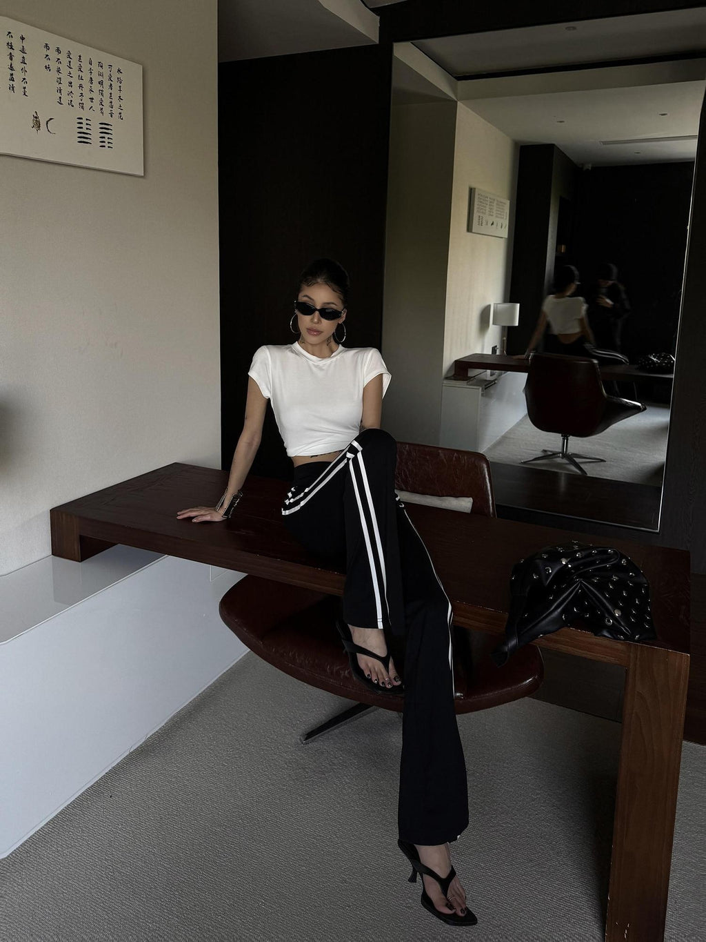 ZERO High Stretch Nylon Striped Street Natural Waist Women Black Flared Pants