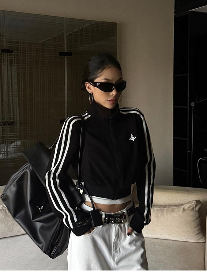 ZERO Slim Fit Stand Collar Zip Short Casual Printed Black Women Polyester Sweatshirt