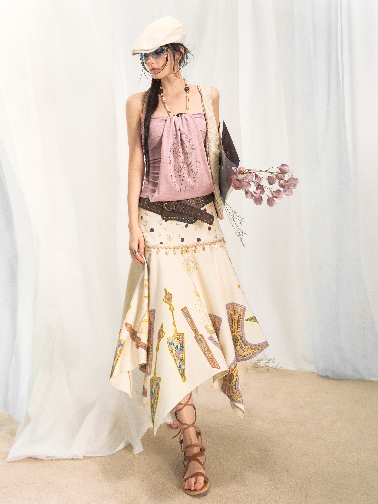 OfAkiva High Waist Asymmetrical A Line Slim Fit Printed Beige Women Maxi Skirts