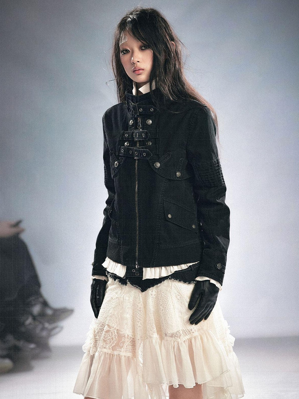 Cest Nous Detachable Punk Long Sleeve Zip Front Women Cotton Black Croppedjackets