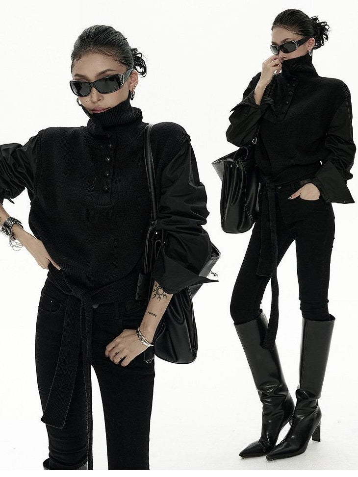 ZERO Soft Nylon Pullover Faux Two Piece Work Long Sleeve Women Knitwear