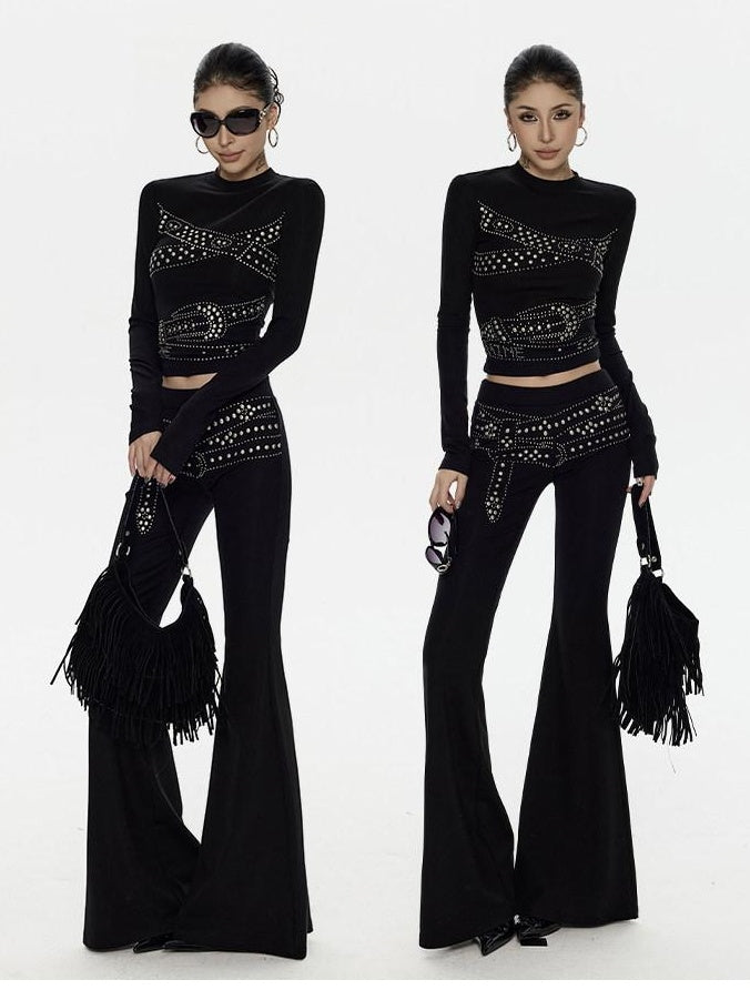 ZERO Lyocell Studded Slim Fit Long Sleeve High Waisted Casual Women Top & Pants Sets