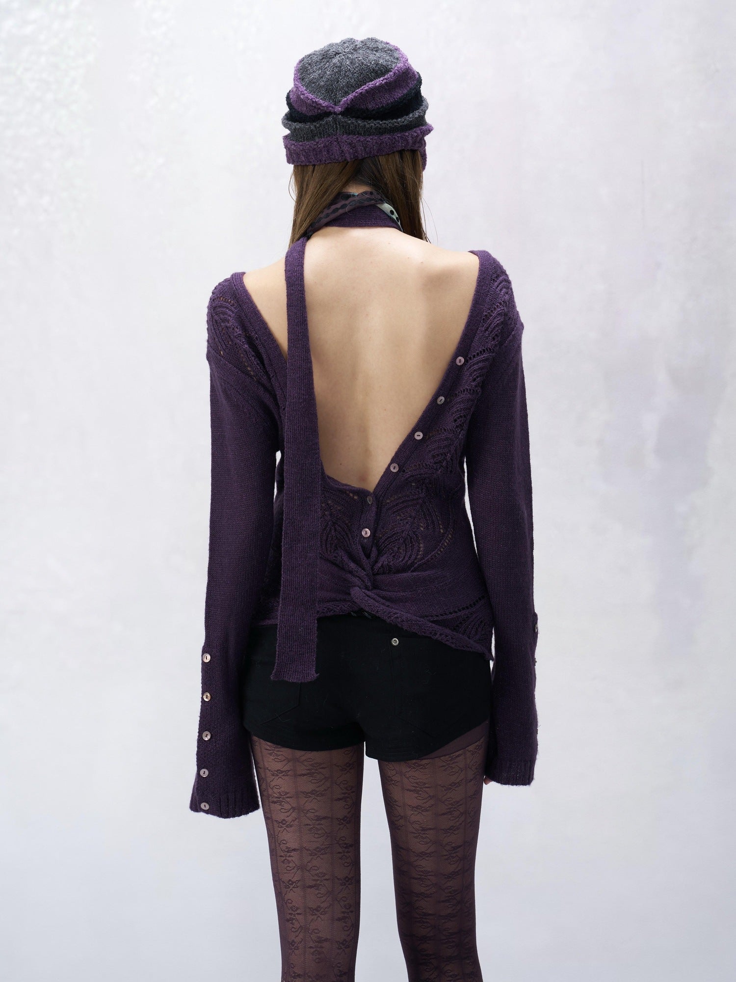 Flowers birds Market Backless V-neck Slim Fit Striped Women Cotton Knit Longsleeve Cardigans