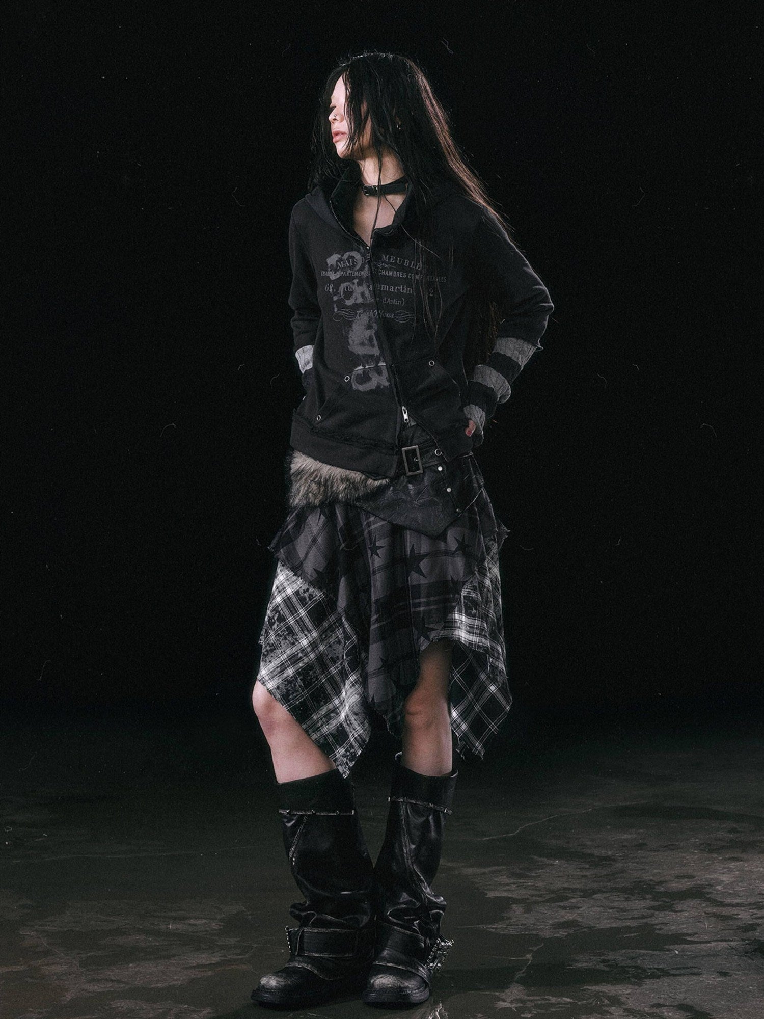 Cest Nous Patchwork Asymmetrical Punk Plaid A Line Mid Waist Women Cotton Midiskirts