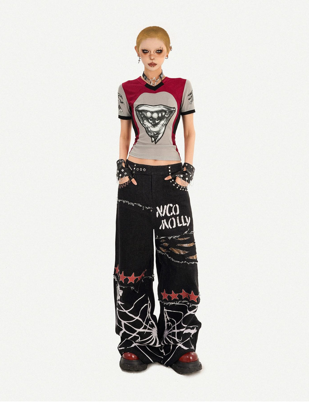 Nico Molly Ripped Natural Waist Relaxed Button Fly Letter Black Women Wide Leg Jeans