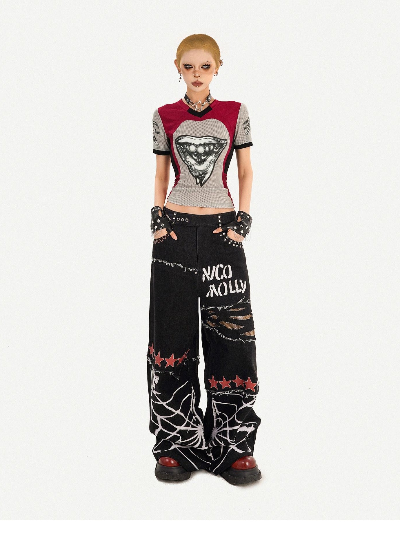 Nico Molly Ripped Natural Waist Relaxed Button Fly Letter Black Women Wide Leg Jeans