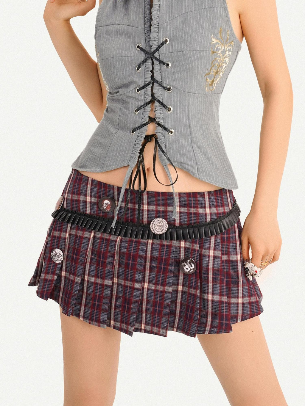 Nico Molly Lined Burgundy Pleated Low Waist Slim Fit Women Schoolgirl Chic Mini Skirts