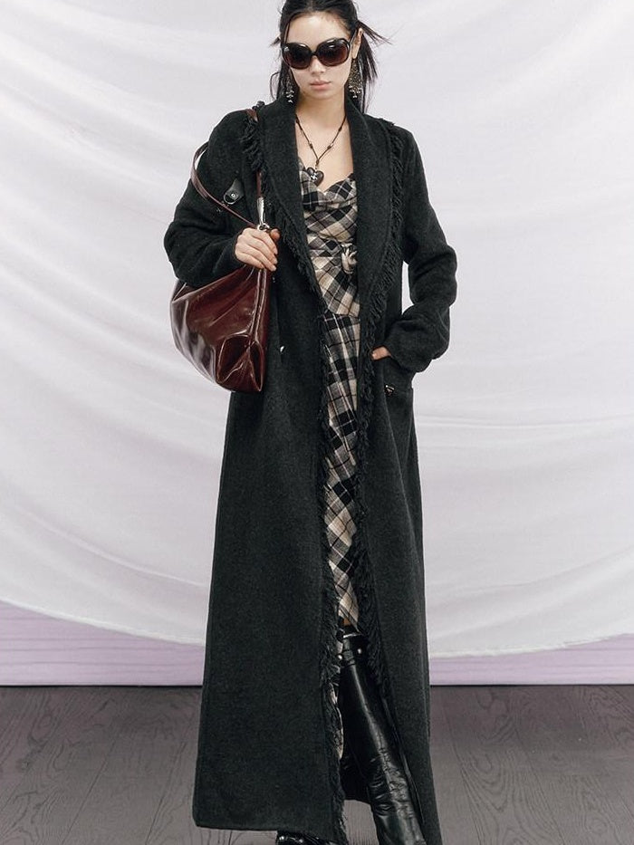 OfAkiva Vintage Slim Wool V-neck Drop Shoulder Single Breasted Women Long Coats