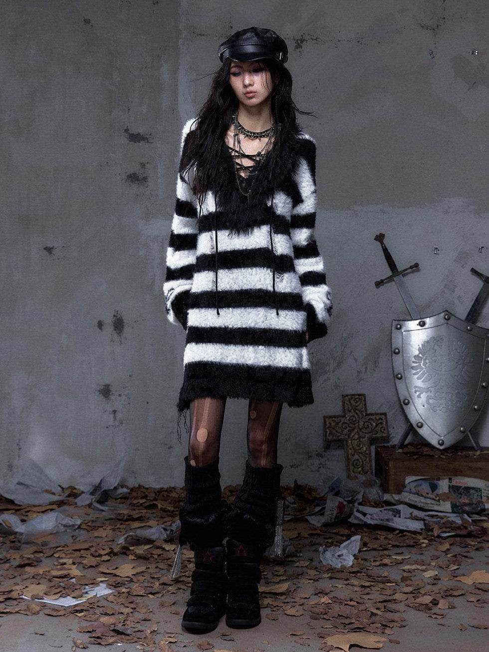 NO ROMANCE Vintage Punk Distressed Striped Women'S Faux Mink Low Neck Loose Long Sweaters