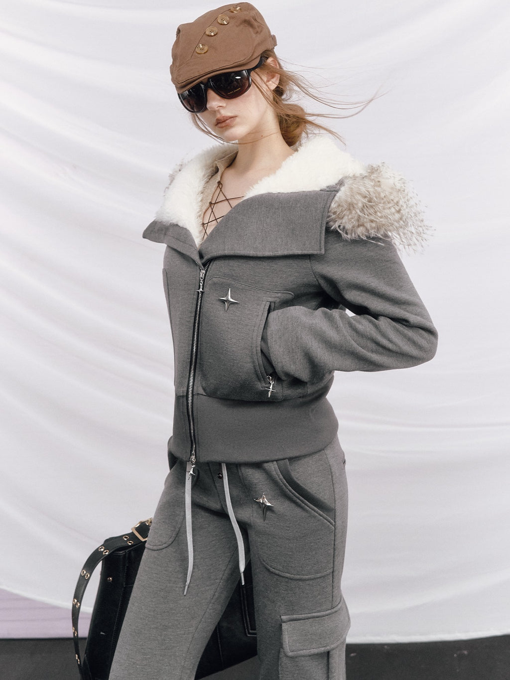 OfAkiva Thick Knit Slim Hooded Zip Jacket Multi Pocket For Women Top & Pants Sets
