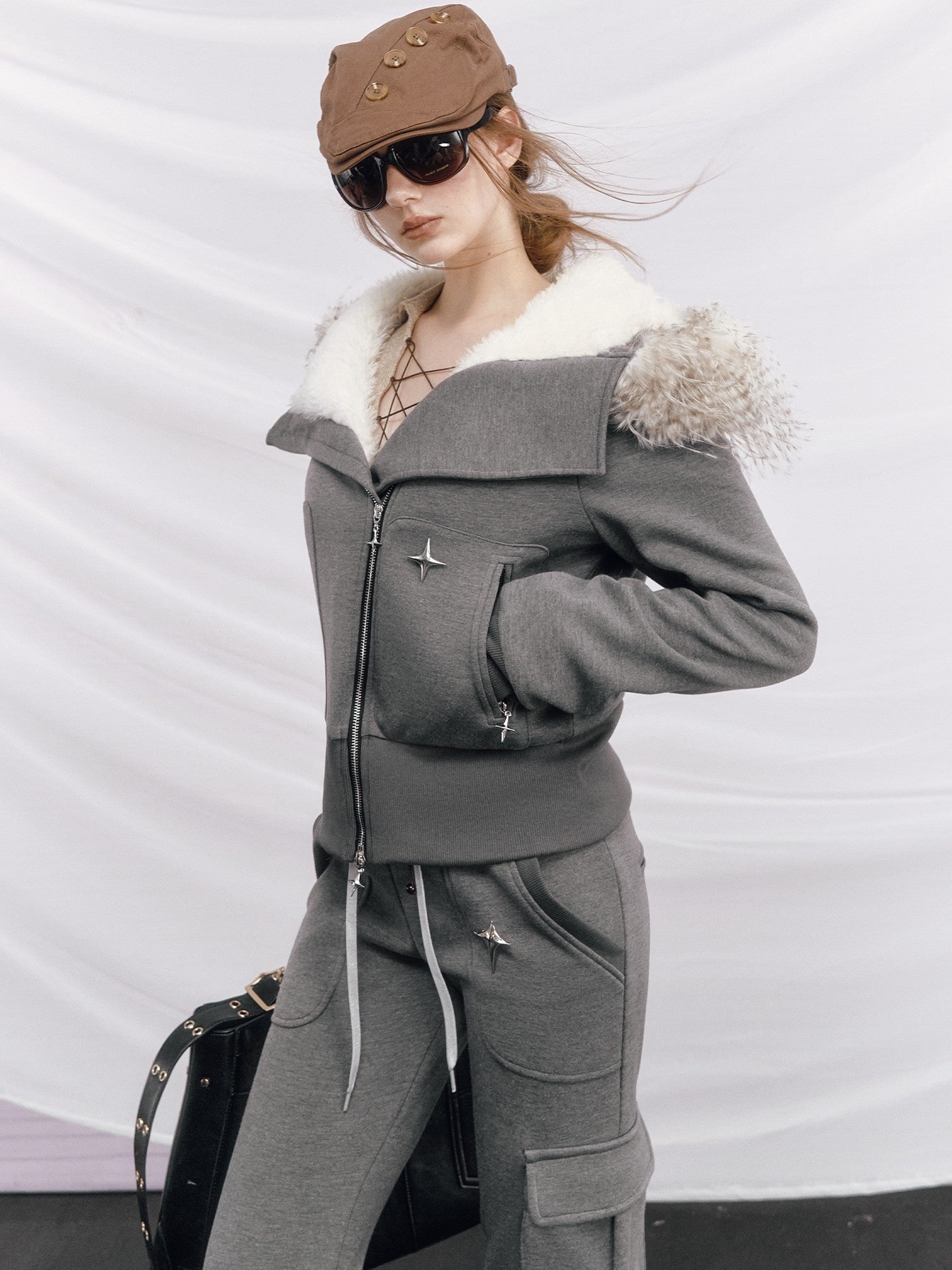 OfAkiva Thick Knit Slim Hooded Zip Jacket Multi Pocket For Women Top & Pants Sets