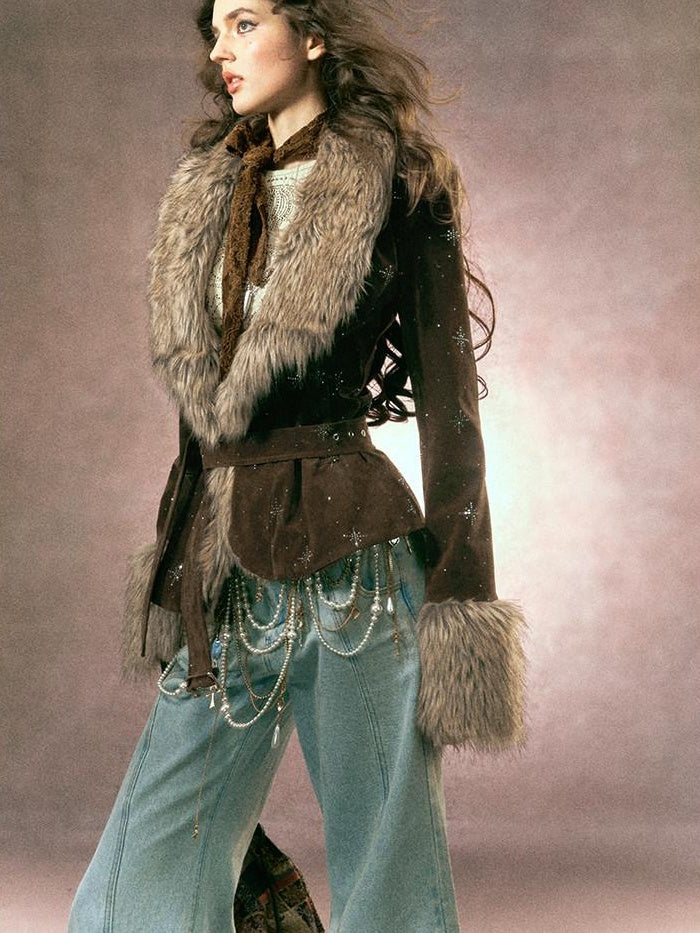 OfAkiva Rhinestone Vintage Oversized Lapel Raglan Short Women Brown Cropped Jackets