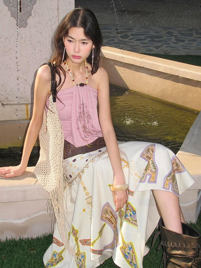 OfAkiva High Waist Asymmetrical A Line Slim Fit Printed Beige Women Maxi Skirts