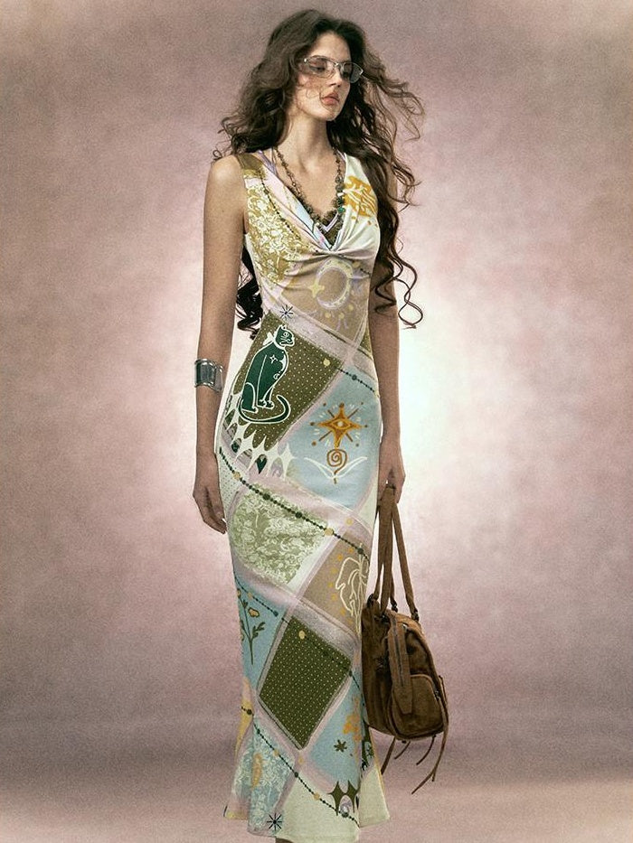 OfAkiva Breathable French Faux Two Piece High Waist A Line V-neck Maxi Dresses