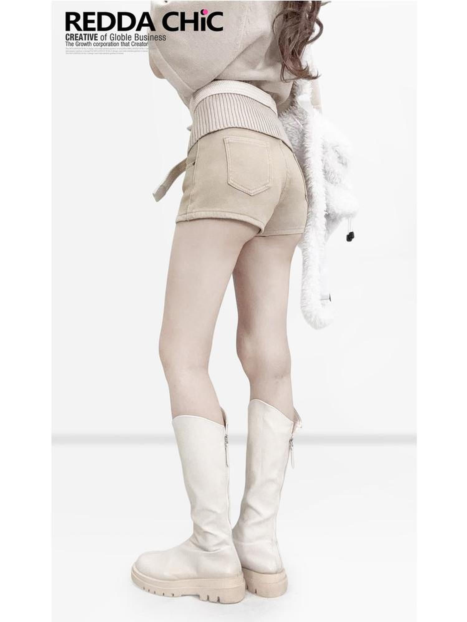 REDDACHIC Vintage Khaki Fleece Lined High Waist Slim Women'S Cotton Stretch Denim Shorts