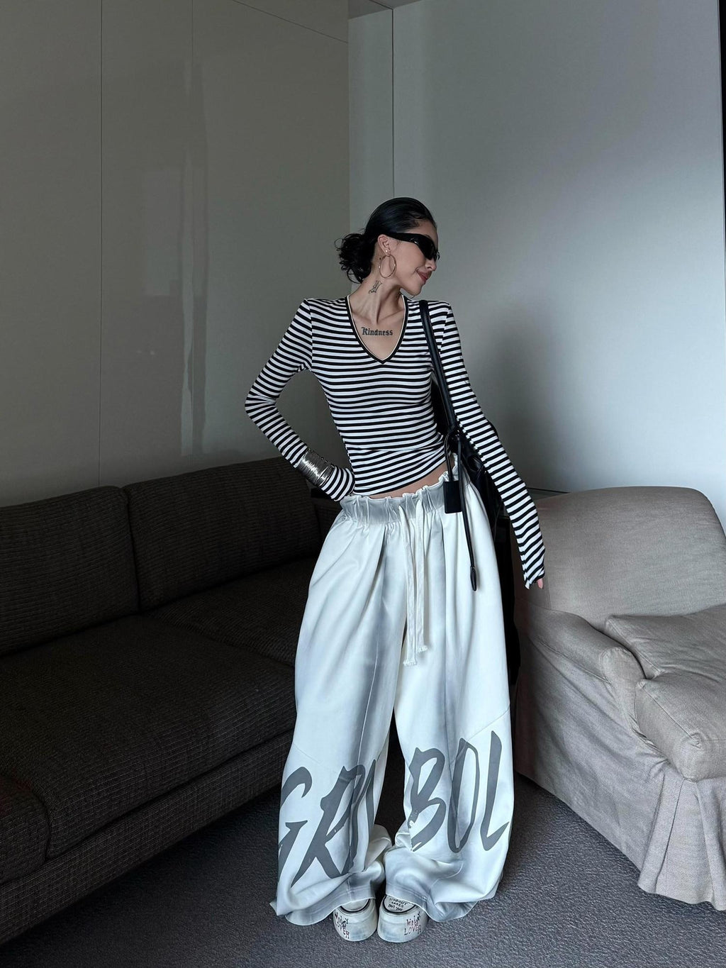 ZERO Light Apricot Cotton Letter Print Pockets Elastic Natural Waist Wide Leg Pants