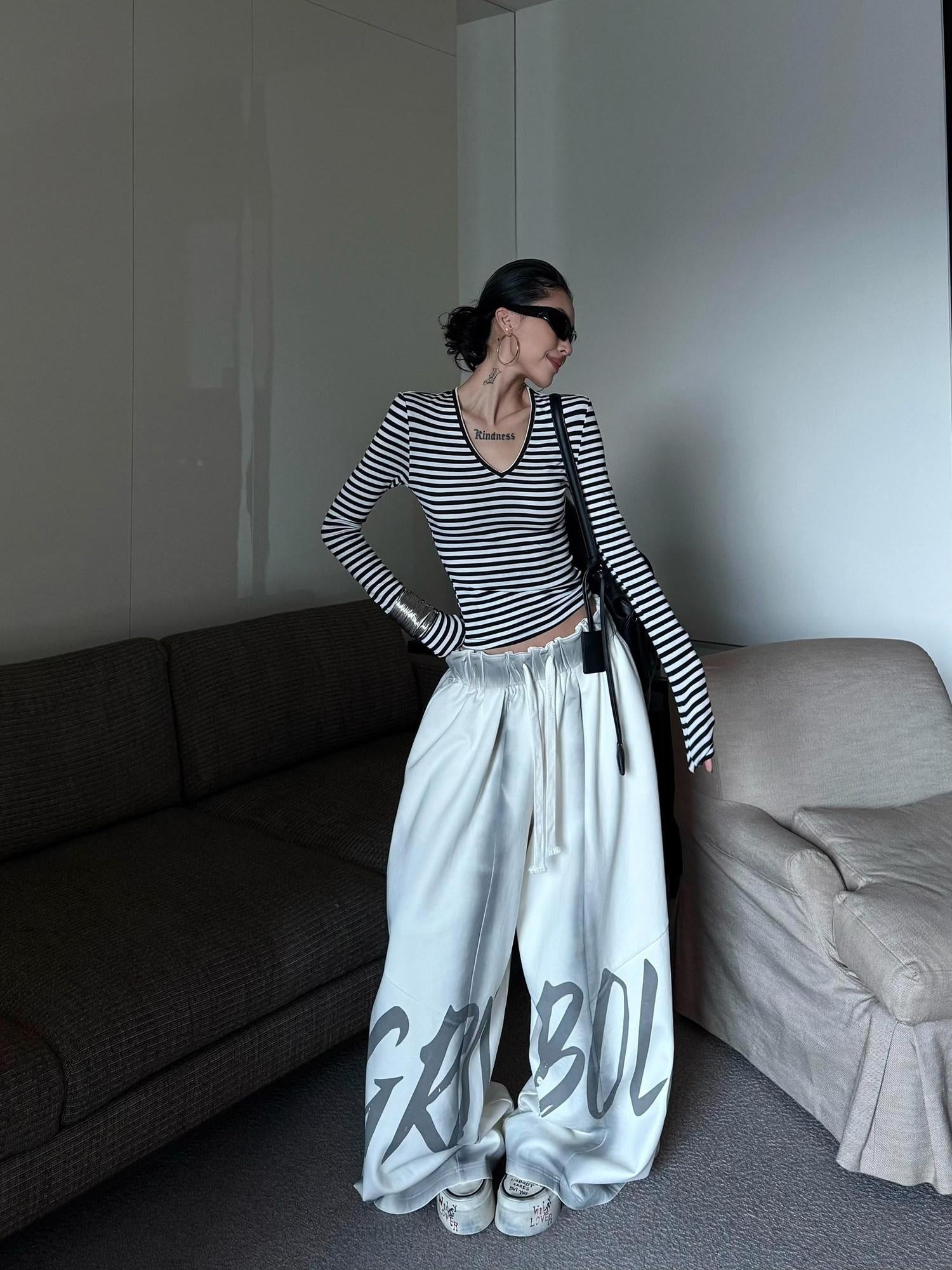 ZERO Light Apricot Cotton Letter Print Pockets Elastic Natural Waist Wide Leg Pants