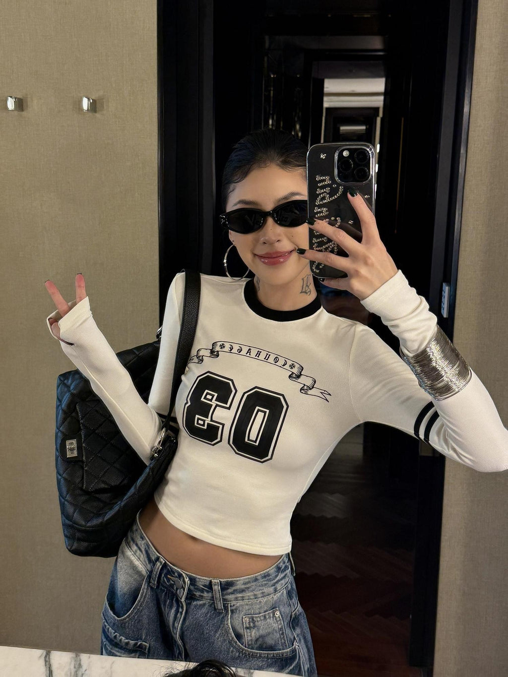 ZERO Viscose Knit Letter Print Casual Slim Fit Women Daily Long Sleeve Crop Tops