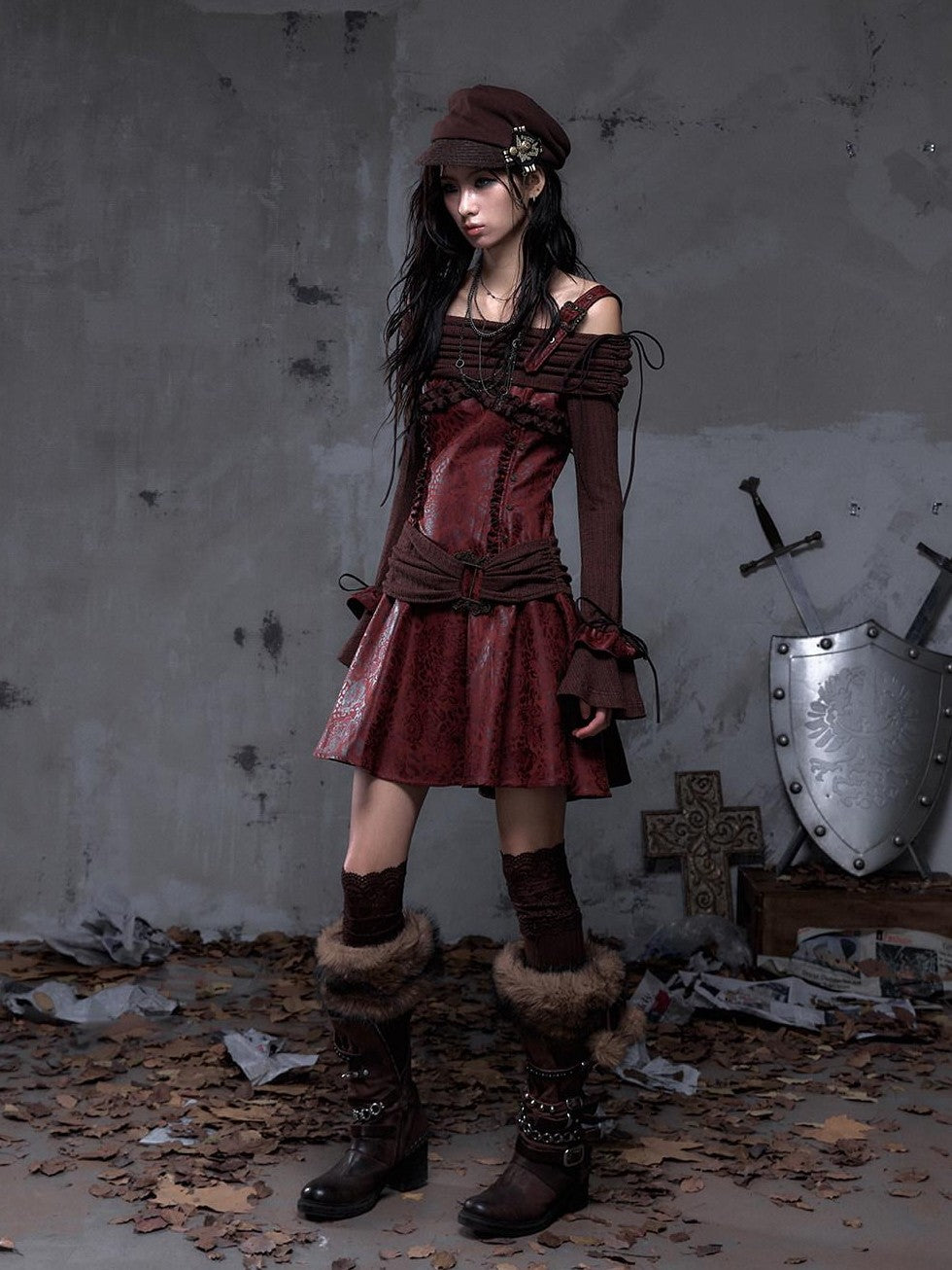 NO ROMANCE Punk Leather Trim One Shoulder Long Sleeve Aline Women'S Knit Mini Dresses