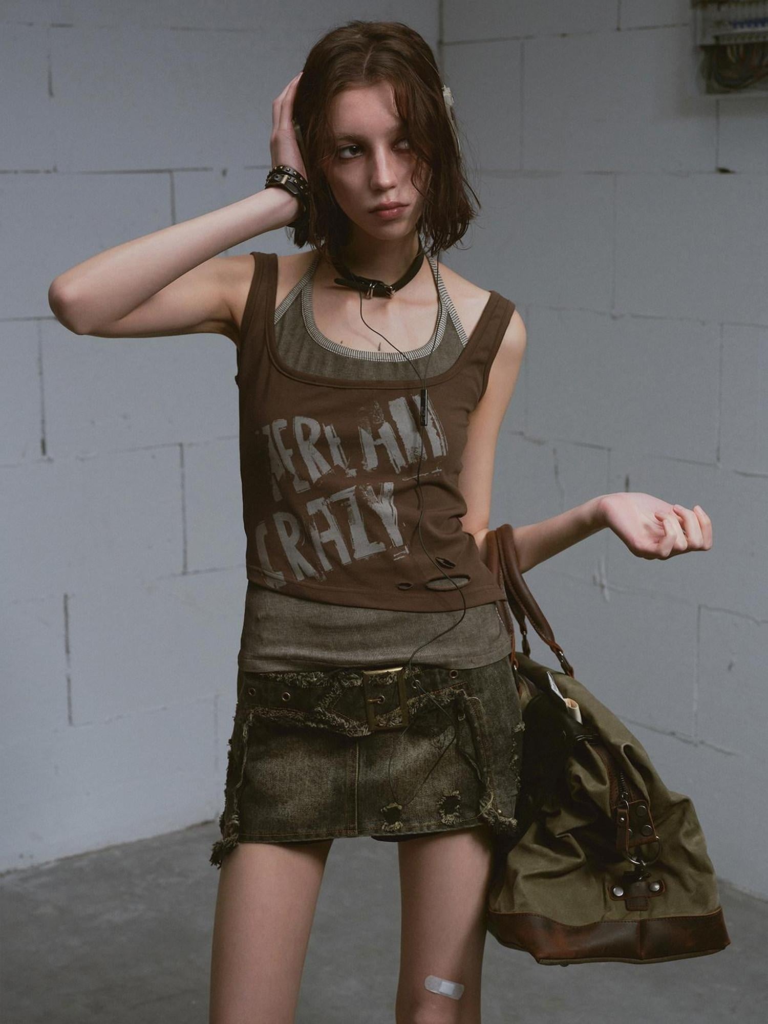 Cest Nous Distressed Print Punk Slim Halter Female Cotton Blend Brown Gray Tanktops