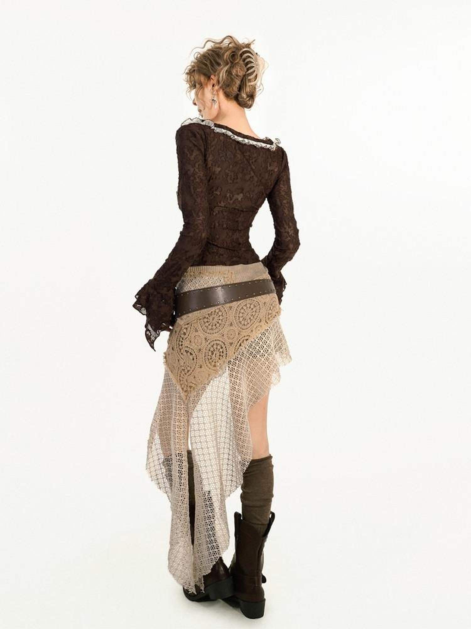 Nico Molly Chiffon Lightweight Vintage Slim V-neck Tie Patchwork Brown Women Blouses